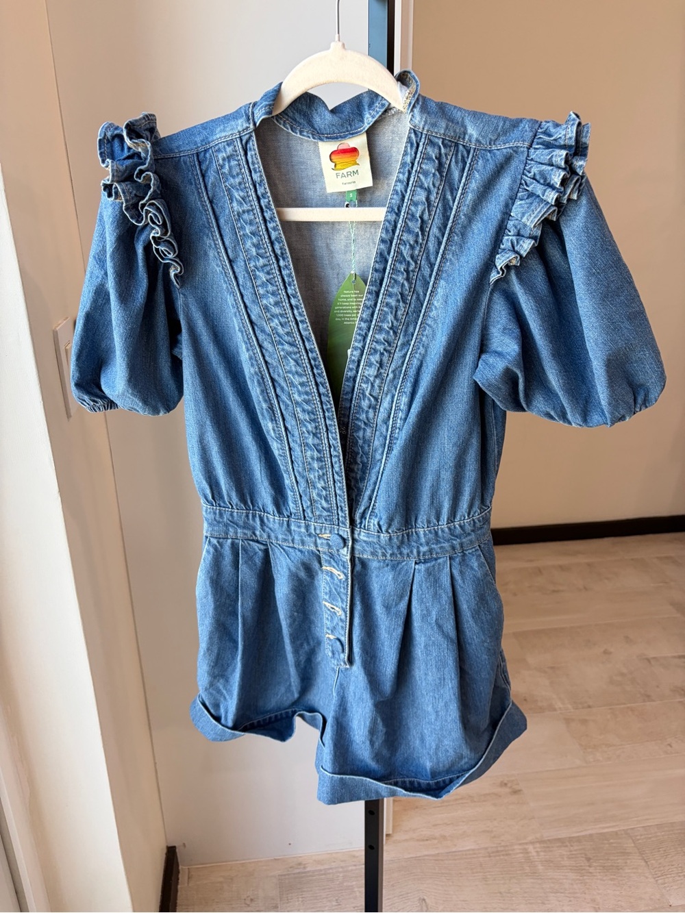 Farm Rio: Denim Ruffled Puff Sleeve Romper - Picture 6 of 10